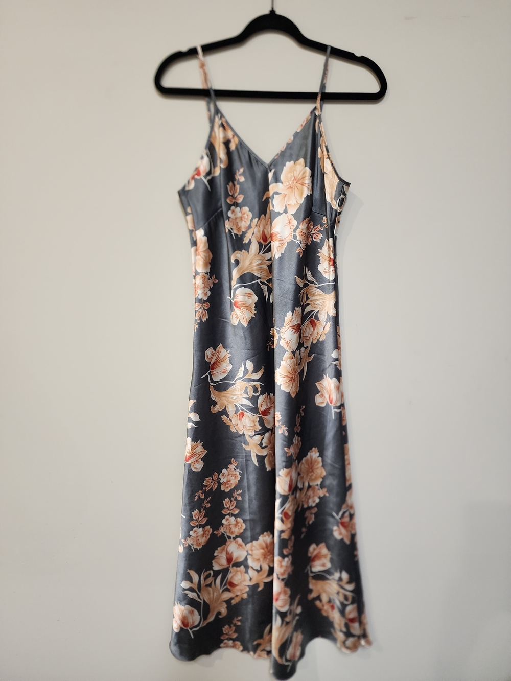 Sexy Floral Slip Dress in Charcoal with Peach Blooms Small Satin